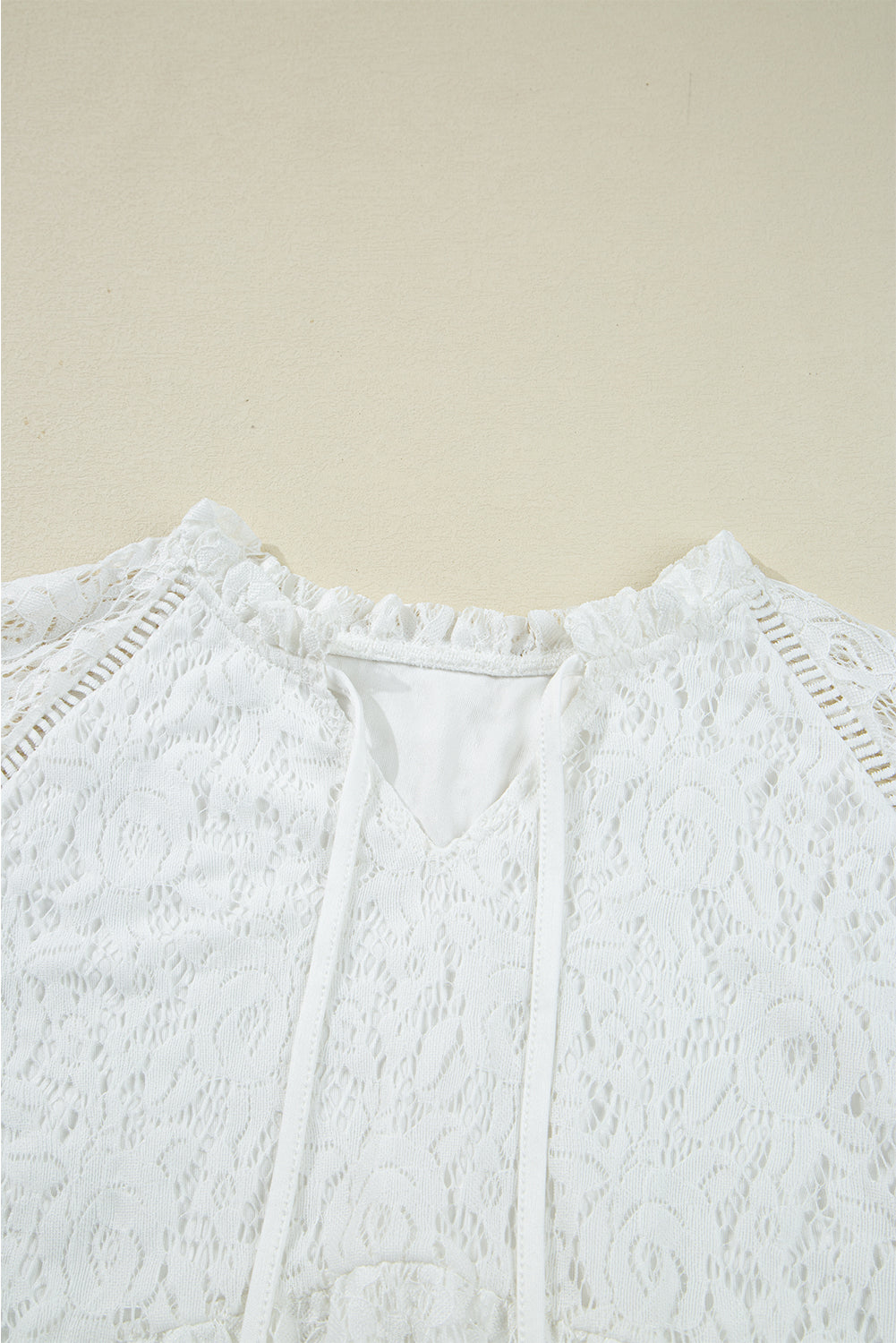 White Tie V Neck Lace Ruffle Detail Long Sleeve Blouse 🇺🇸