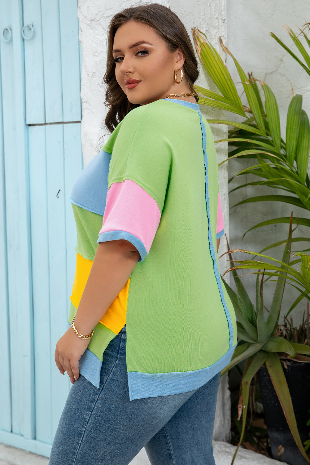 Light Blue Color Block Exposed Seam Patchwork Plus Size T Shirt 🇨🇳