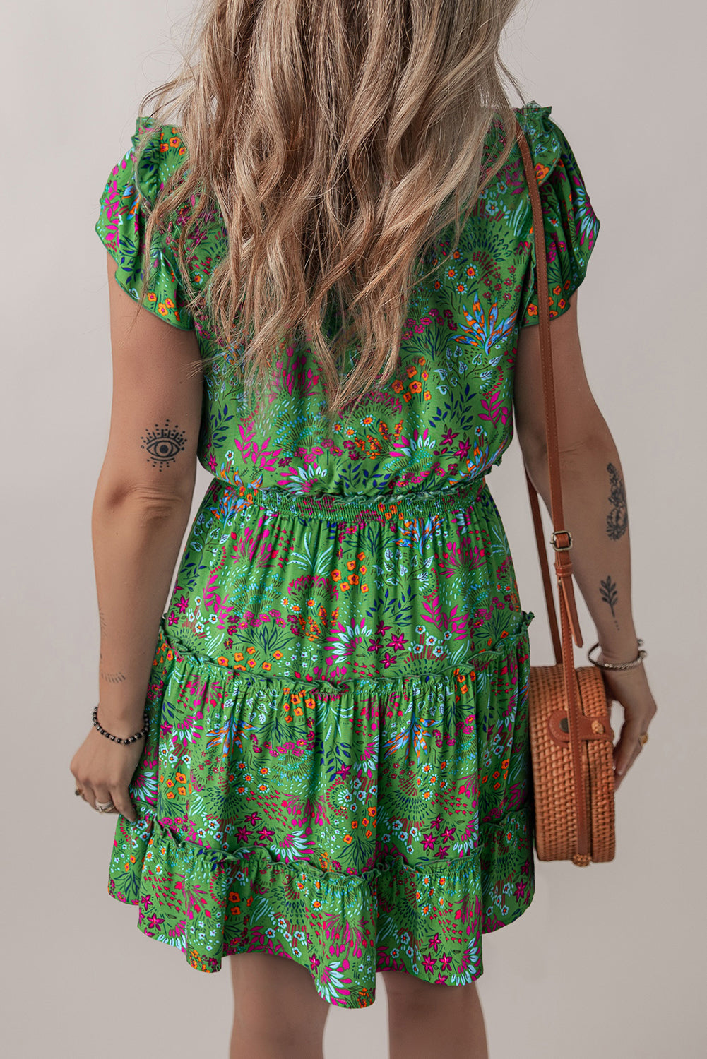 Green Floral Tie Split Neck Frilly Ruffle Trim Tiered Short Dress 🇺🇸