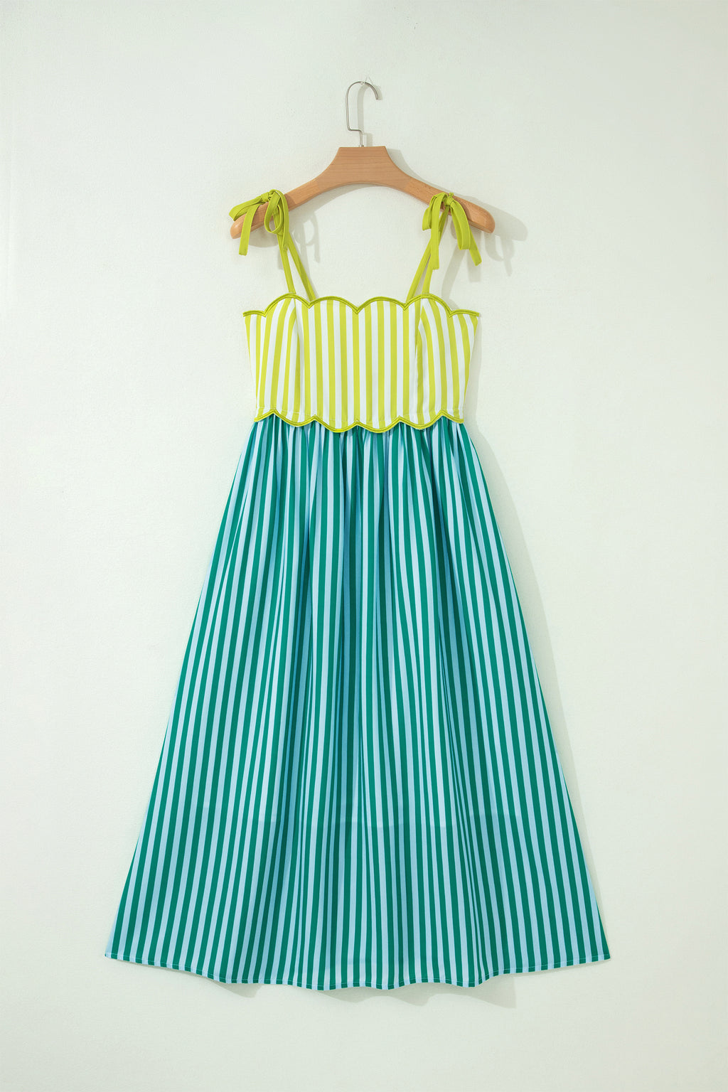 Green Stripe Scalloped Contrast Patchwork Knot Strap Midi Dress 🇺🇸