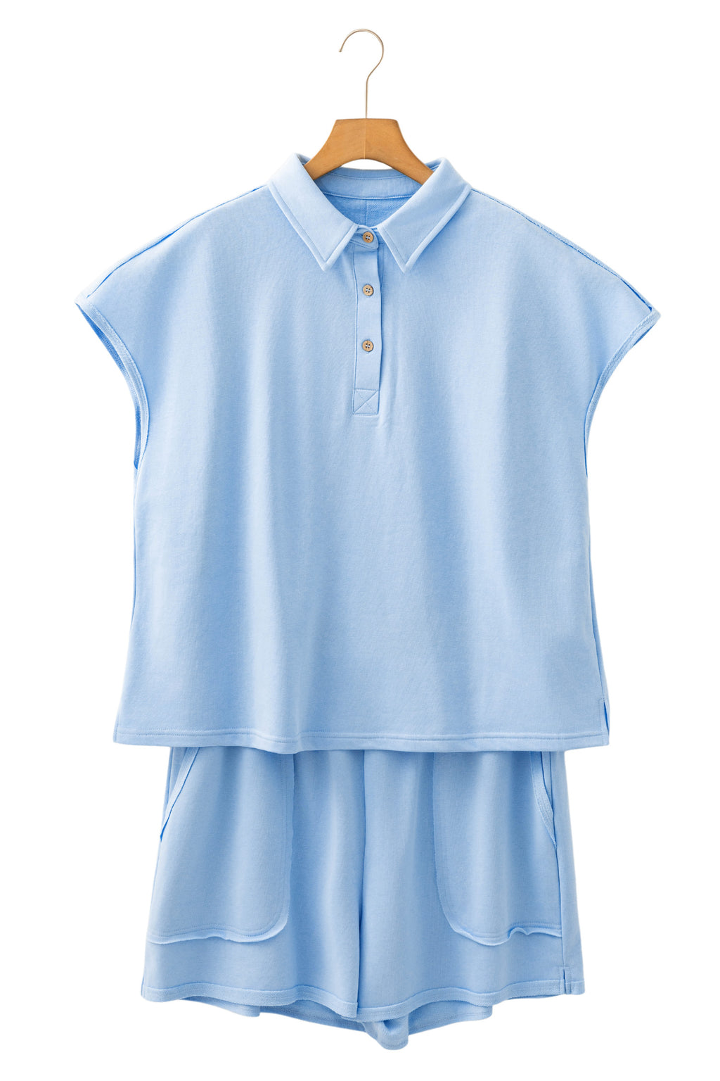 Mist Blue Solid Color Polo Tee Elastic Waist Shorts Plus Size Outfit 🇺🇸