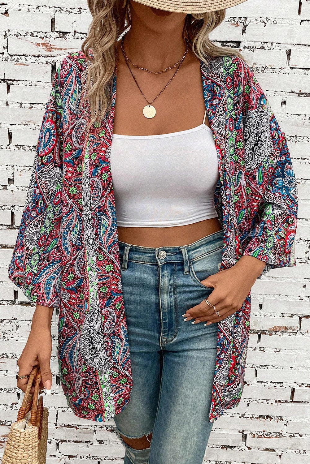 Red Paisley Print Open Front Kimono 🇨🇳
