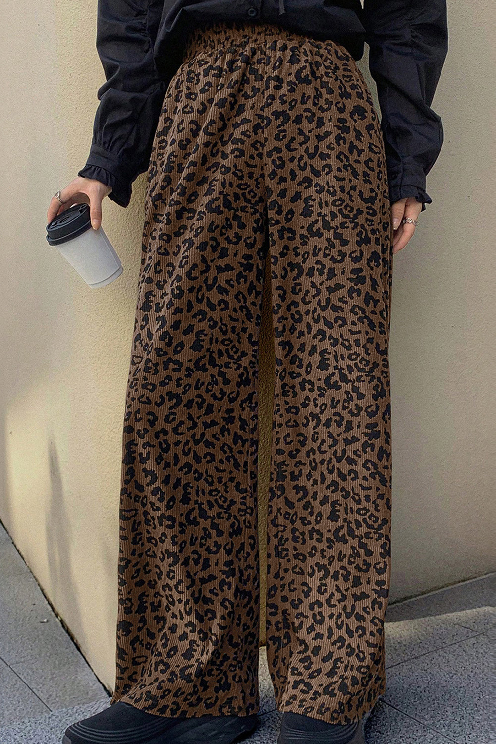 Dark Brown Leopard Print Elastic High Waist Loose Corduroy Pants 🇺🇸