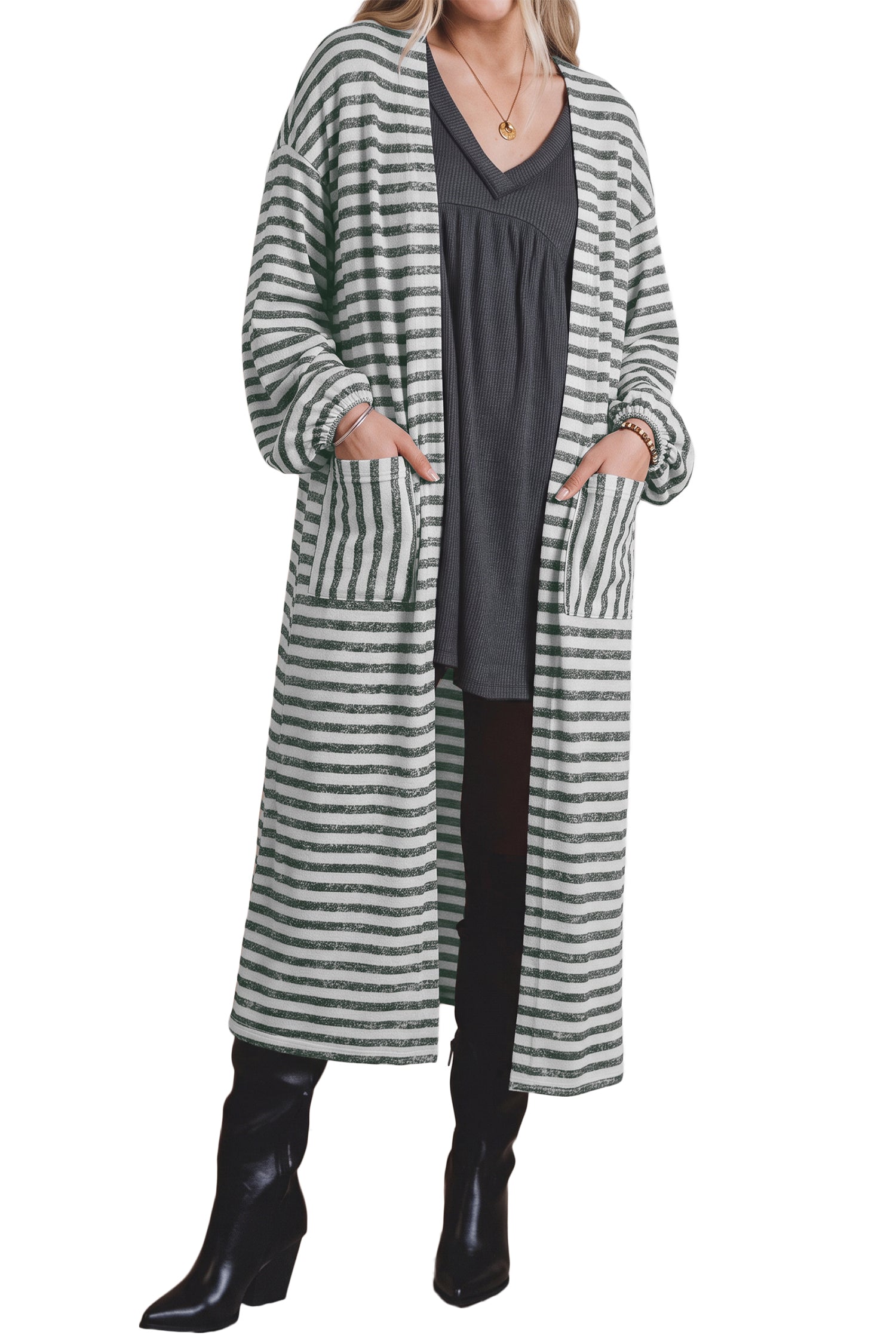 Khaki Stripe Long Puff Sleeve Open Front Oversized Long Cardigan 🇺🇸