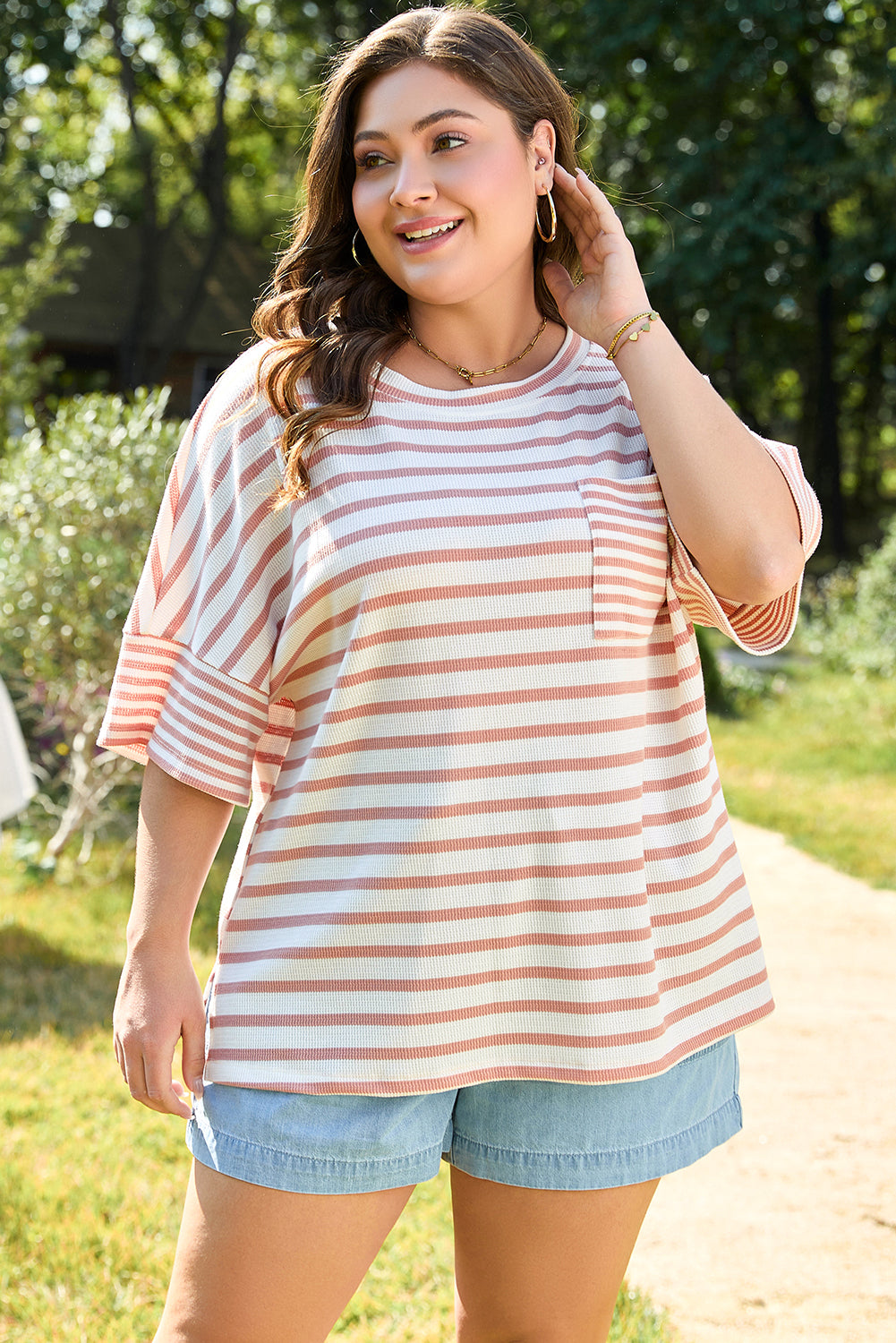 Pink Stripe Waffle Knit Pocketed Half Sleeve Plus Size T Shirt 🇨🇳