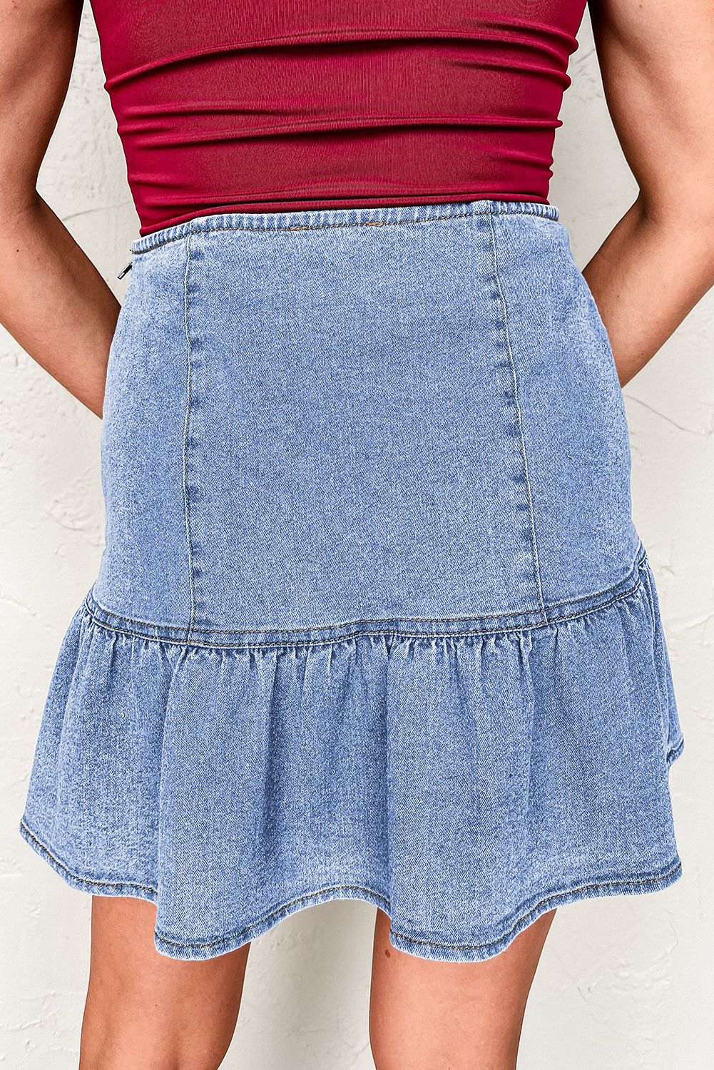 Beau Blue Asymmetric Ruffle Overlay Denim Mini Skirt 🇨🇳