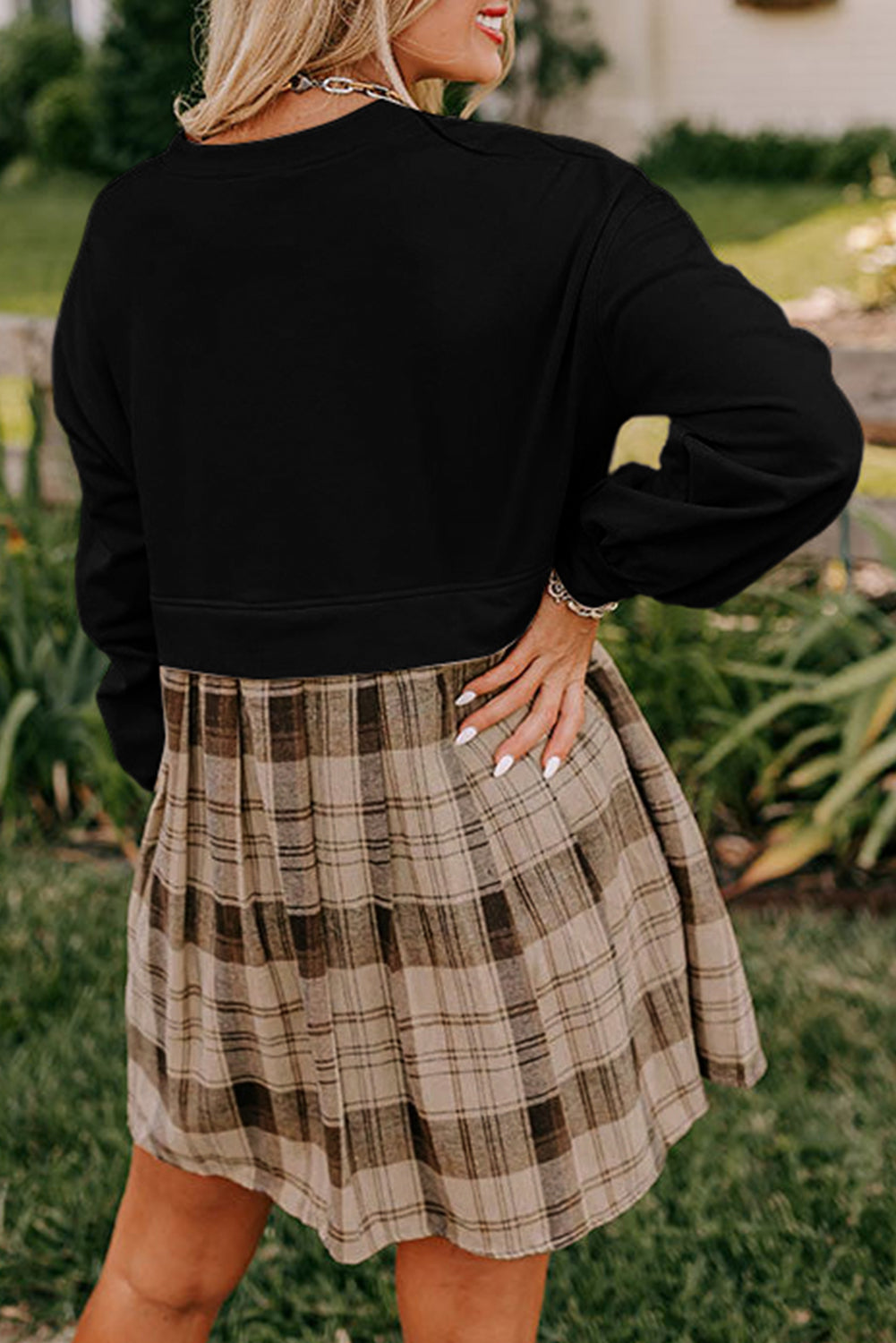Beige Plaid Patchwork High Waist Sweatshirt Mini Dress 🇺🇸