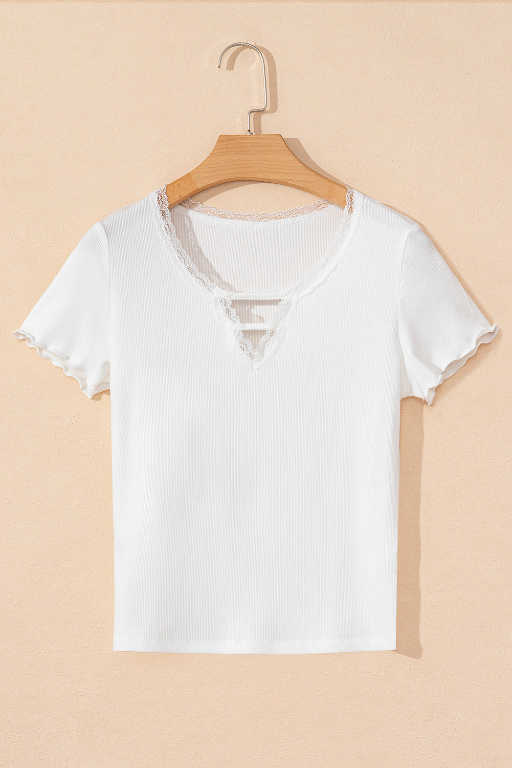 White Lace V Neckline Ribbed Slim Fit T Shirt 🇨🇳