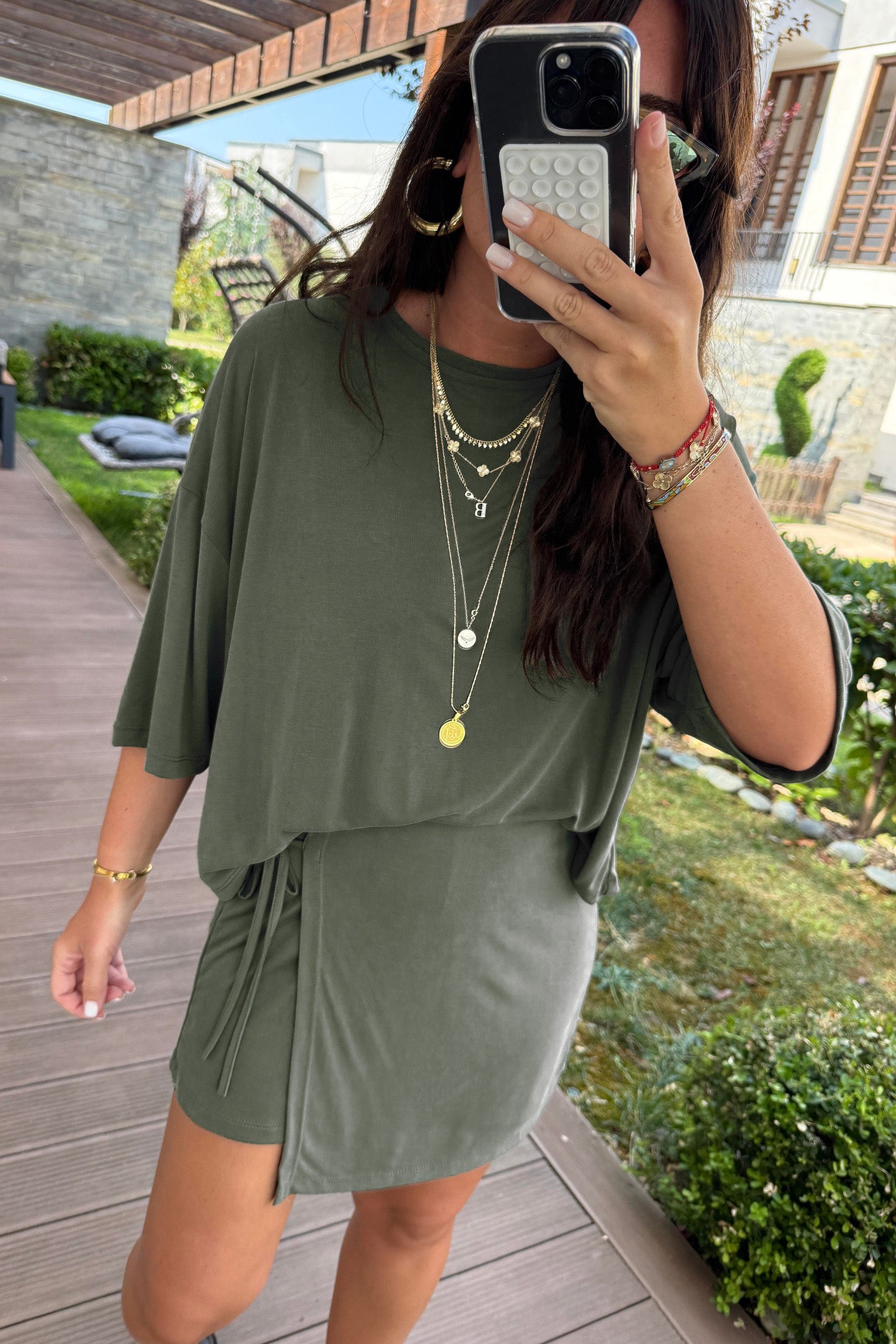 Laurel Green Solid Color Oversize Tee Tie Wrap Mini Skort 2pcs Set 🇺🇸
