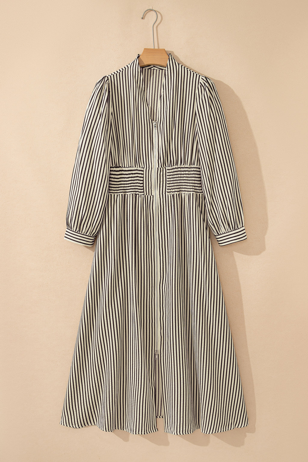 Black Stripe V Neck Zip Front Cinched High Waist Midi Dress 🇺🇸
