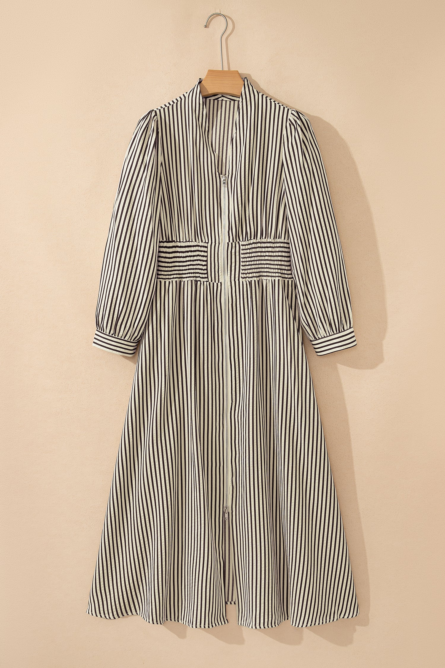 Black Stripe V Neck Zip Front Cinched High Waist Midi Dress 🇺🇸