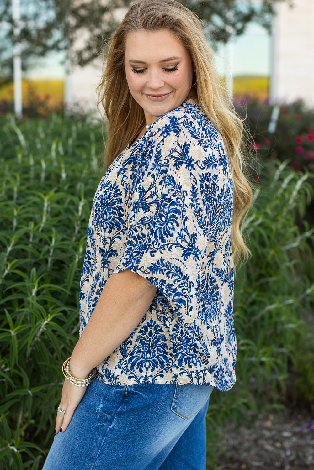 Blue Plus Size Ethnic Printed 3/4 Sleeve V Neck Loose Blouse 🇨🇳