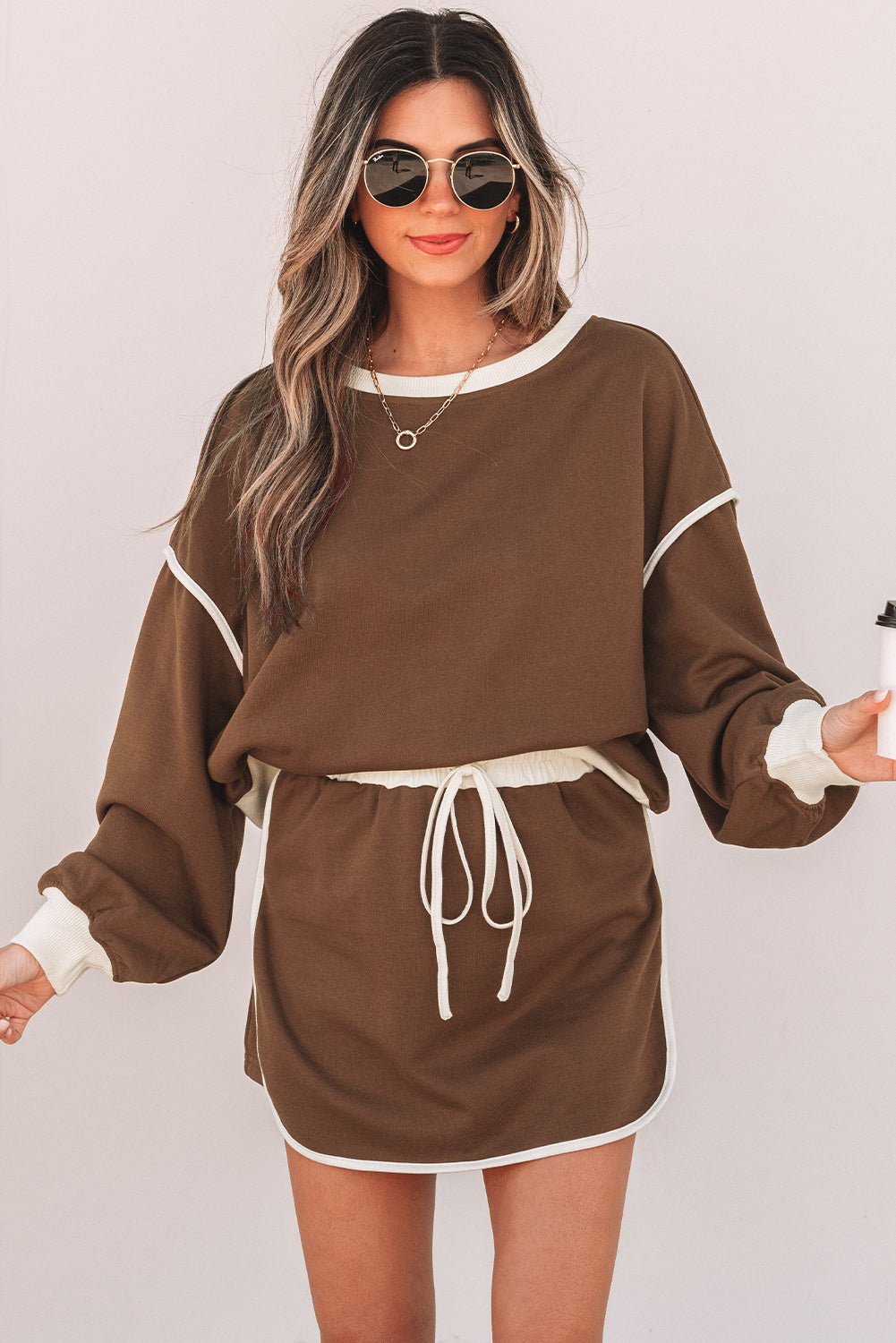 Coffee Color Contrast Loose Pullover and Lace-up Waist Skort Set 🇨🇳