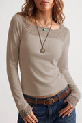 DUNE Solid Color Ribbed Lace Neck Long Sleeve Top 🇺🇸