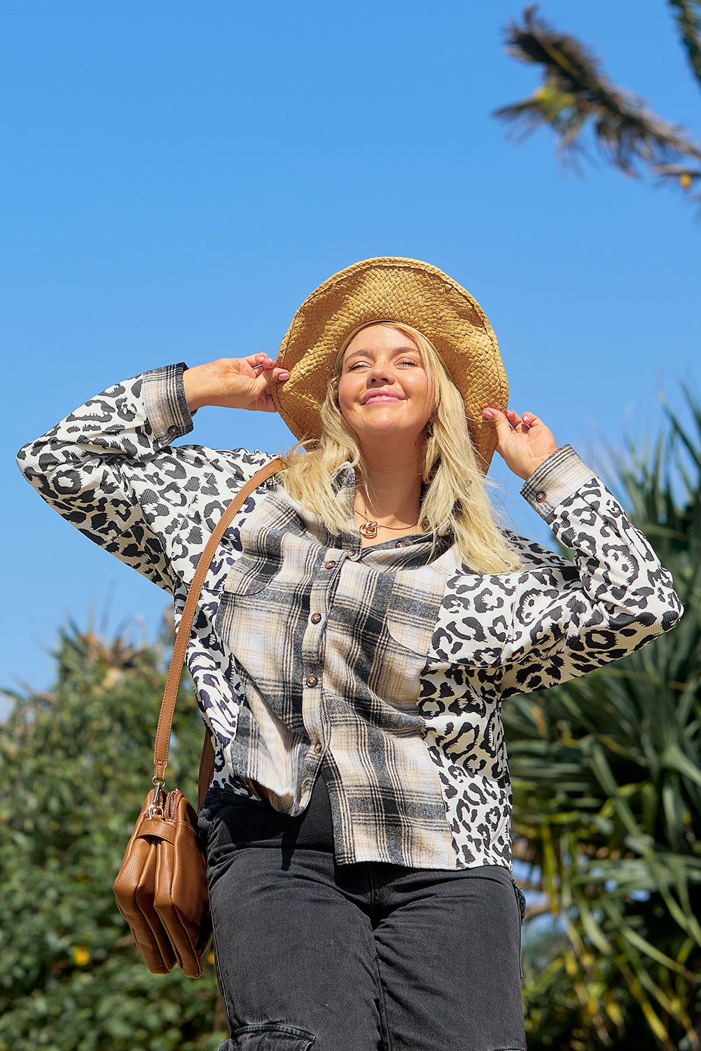 Black Plus Size Plaid Leopard Printed Patchwork Button Up Shacket 🇺🇸
