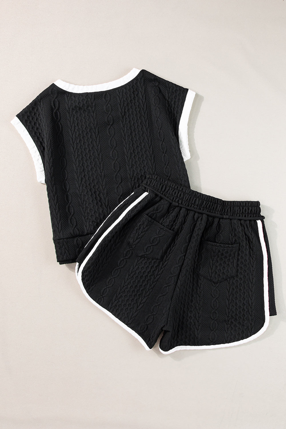 Black Contrast Trim Cable Textured Shorts Set 🇺🇸