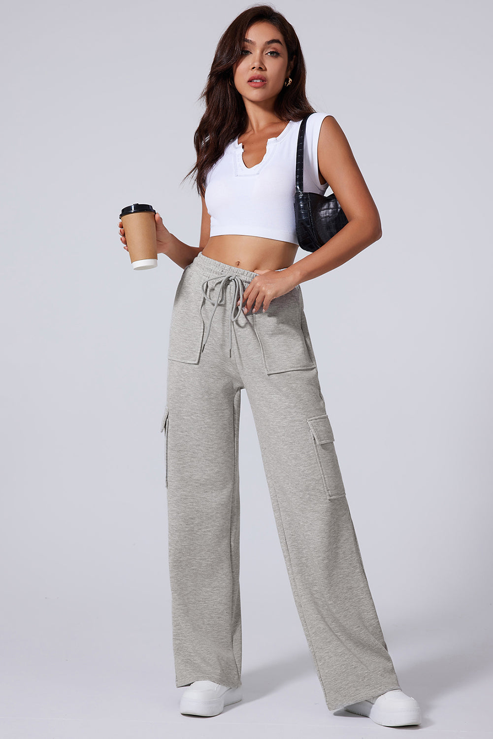 Light Grey Multi Pockets Lace-up High Waist Wide Leg Workout Pants 🇺🇲
