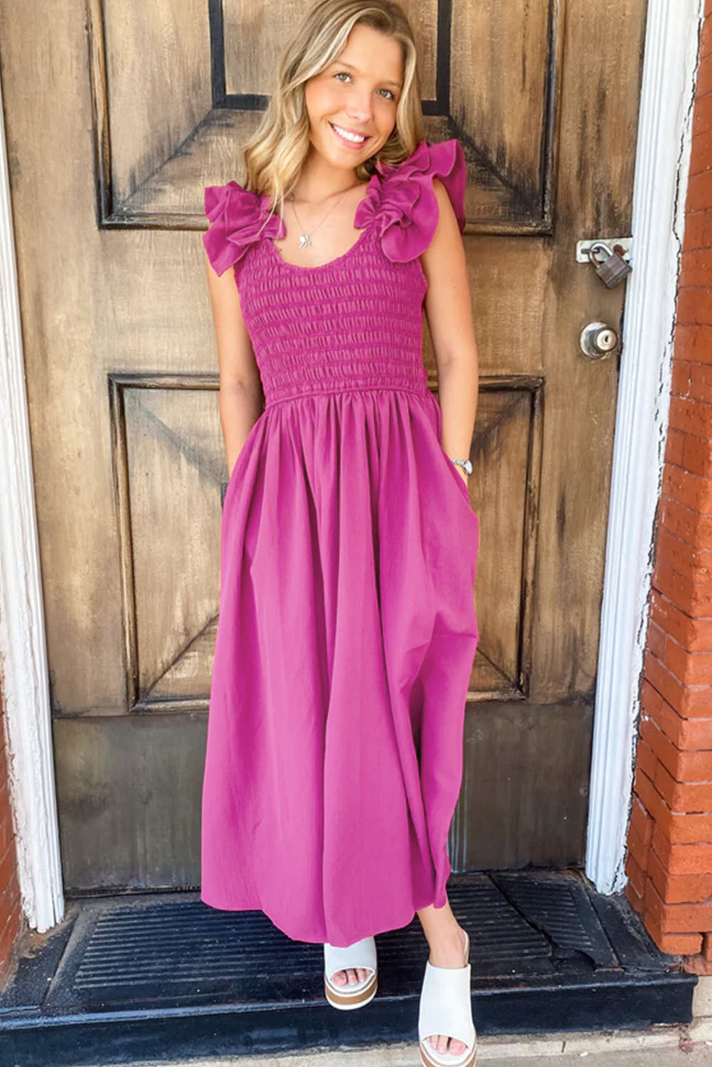 Rose Red Solid Color Ruffled Straps Smocked Ruched Maxi Dress 🇺🇸