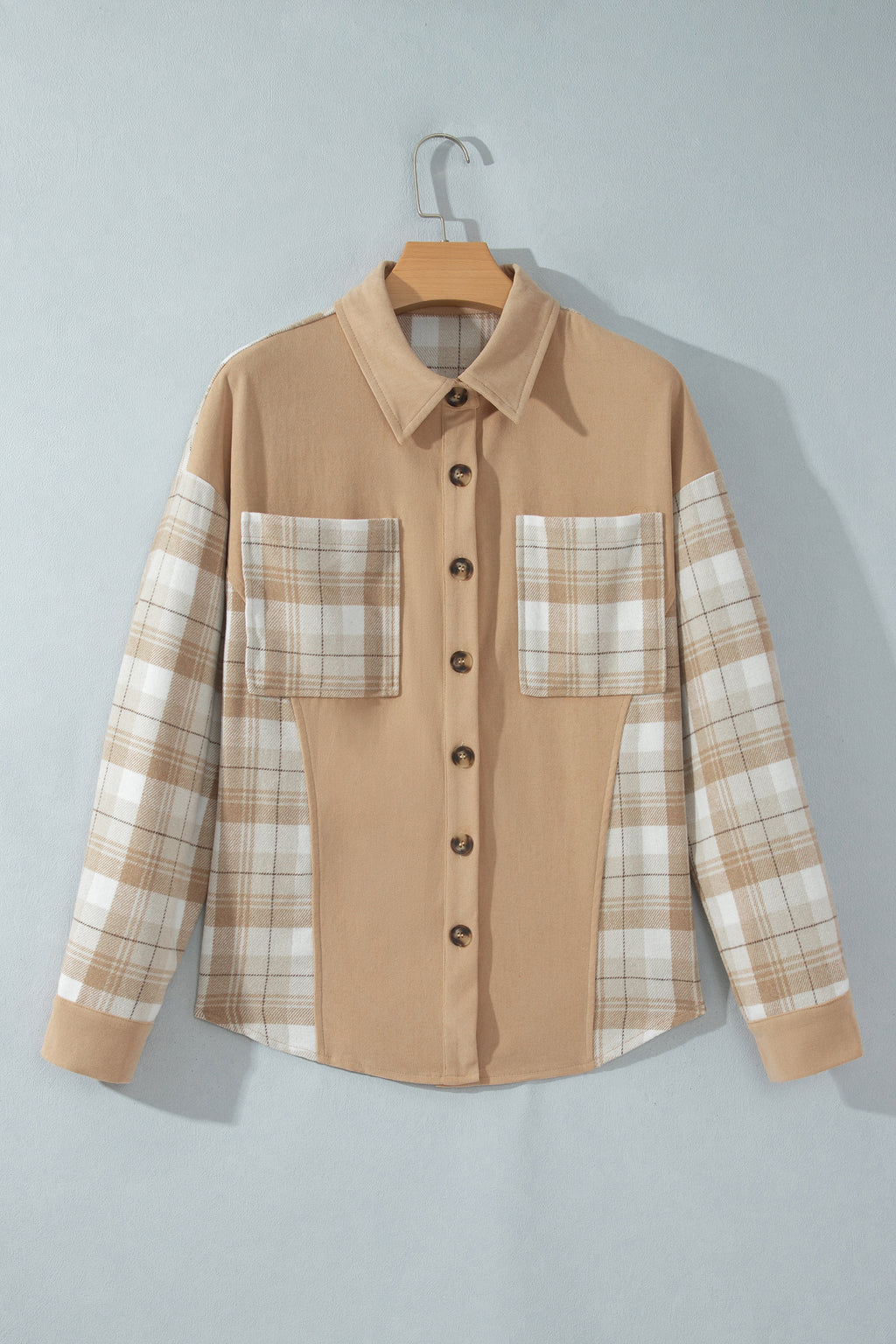 Light French Beige Plaid Colorblock Shirt Collar Shift Shacket 🇺🇸