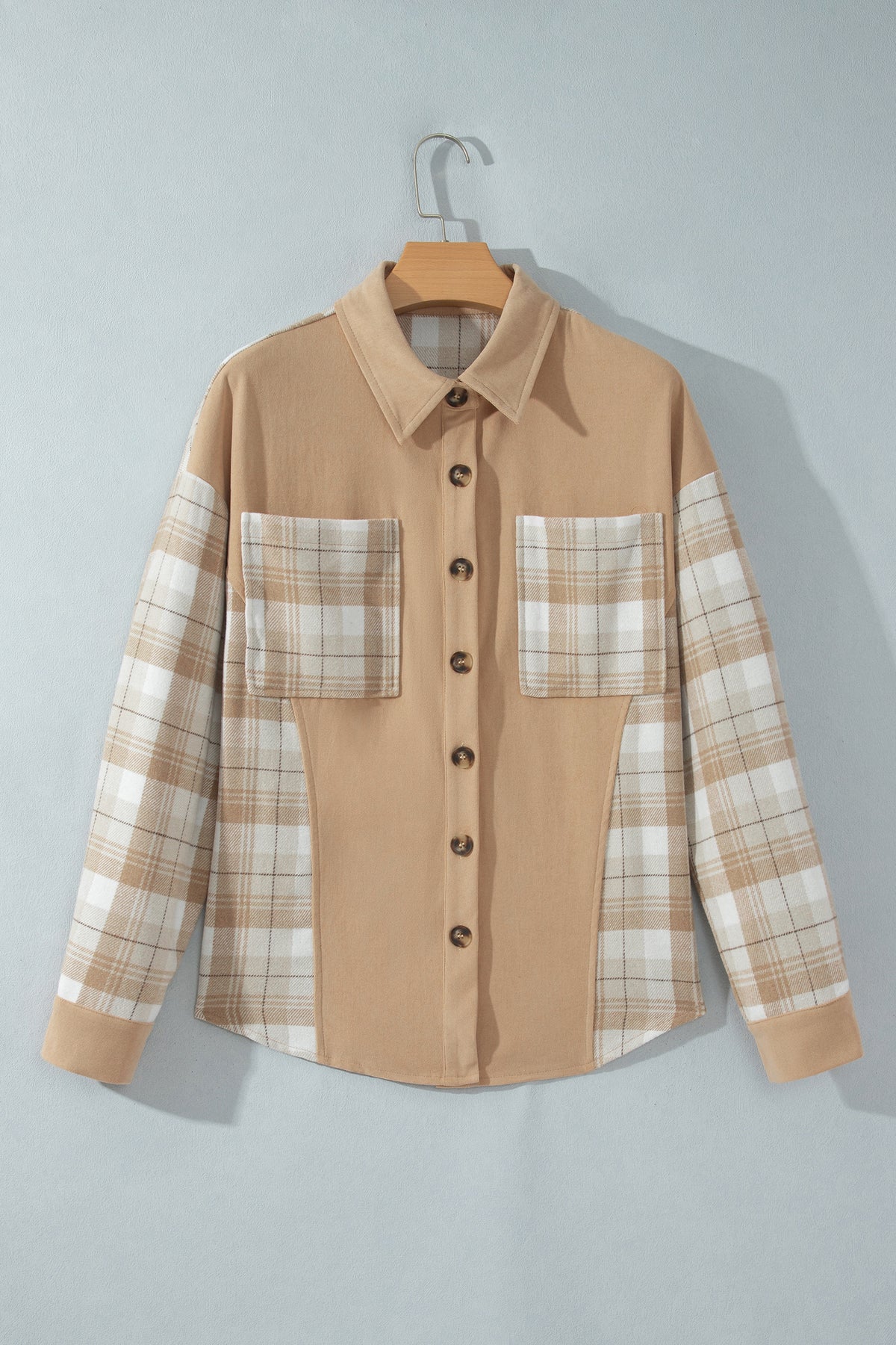 Light French Beige Plaid Colorblock Shirt Collar Shift Shacket 🇺🇸