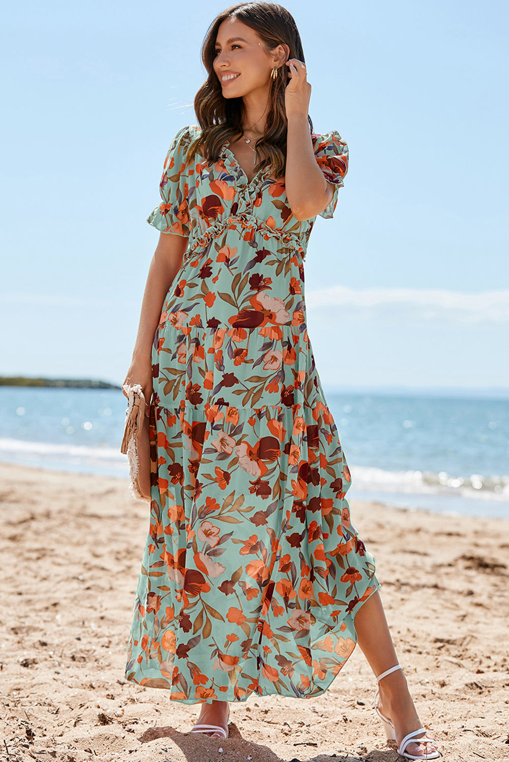 Green Fiery Floral Print Frilled V Neck Short Sleeve Maxi Dress 🇺🇸