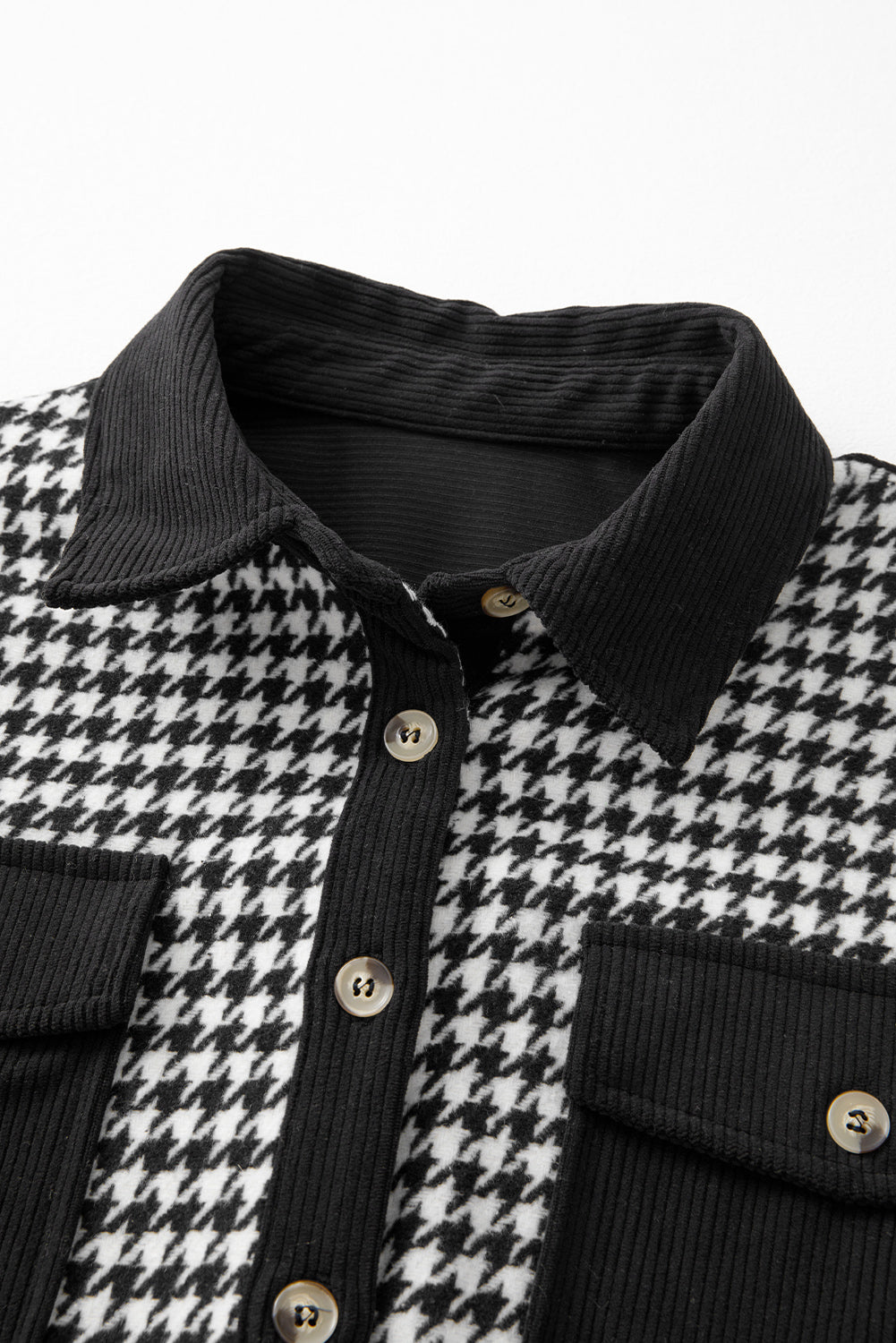 Black Houndstooth Corduroy Patchwork Flap Pocket Shacket 🇺🇸