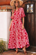 Red Paisley Print Side Slit Puff Sleeve High Waist Maxi Dress 🇺🇸