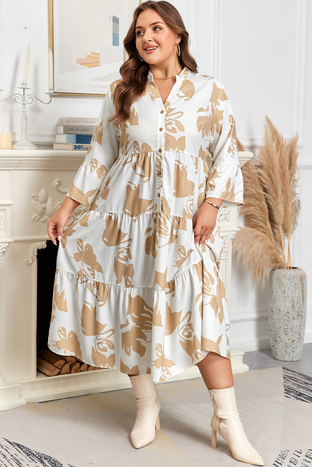 Khaki Patterned Ruffled Sleeve Half Placket Tiered A-line Plus Size Long Dress 🇺🇸