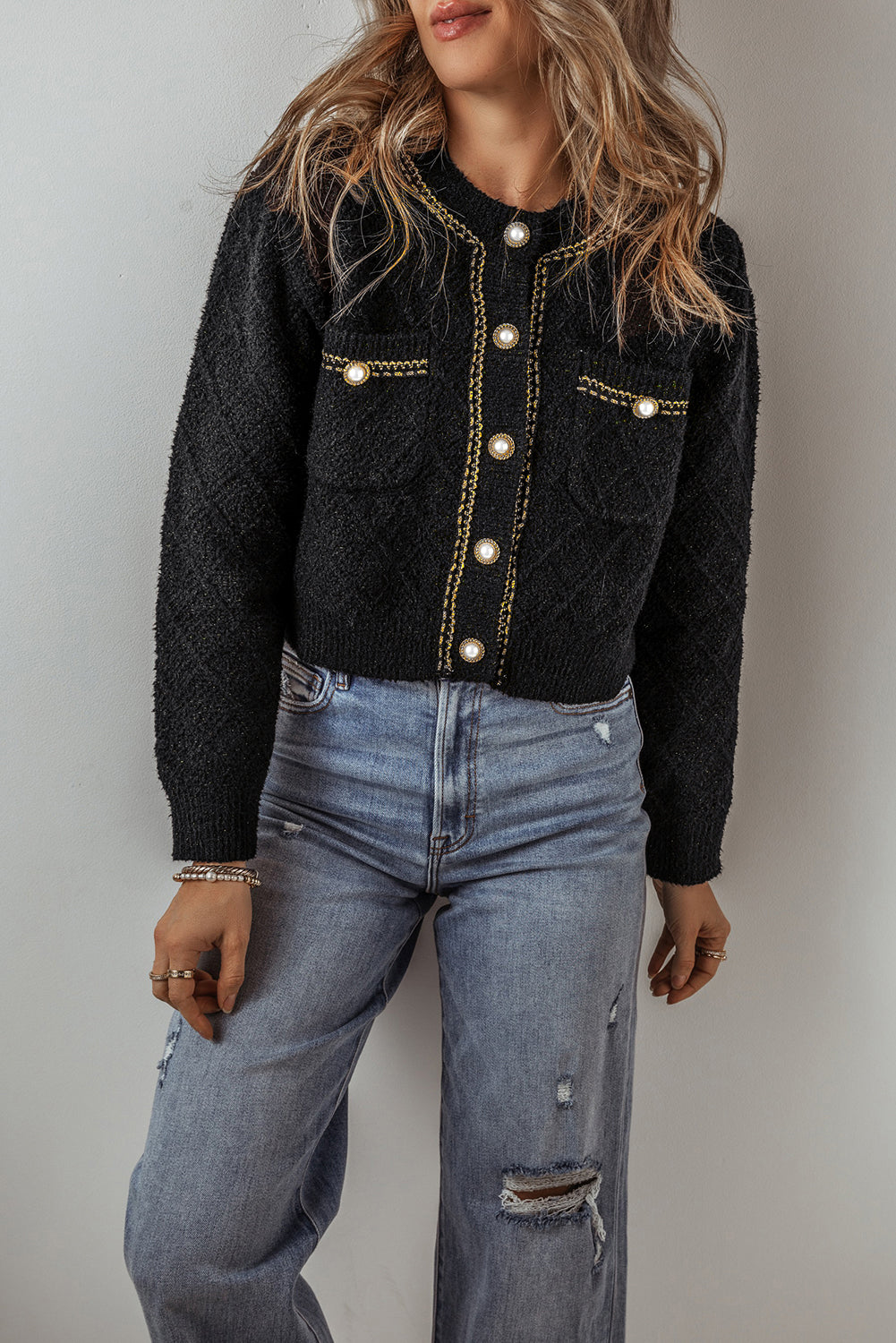 Black Shimmer Flap Pocket Button up Cardigan 🇨🇳