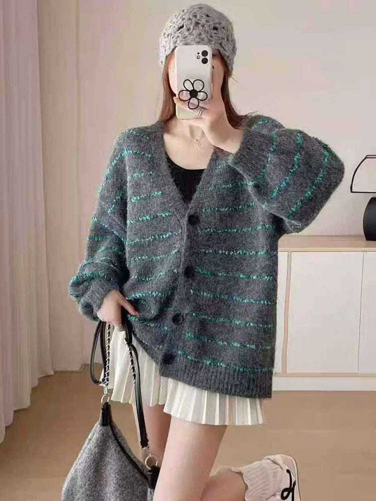 Block Stripe V-Neck Knitted Cardigan 🇨🇳