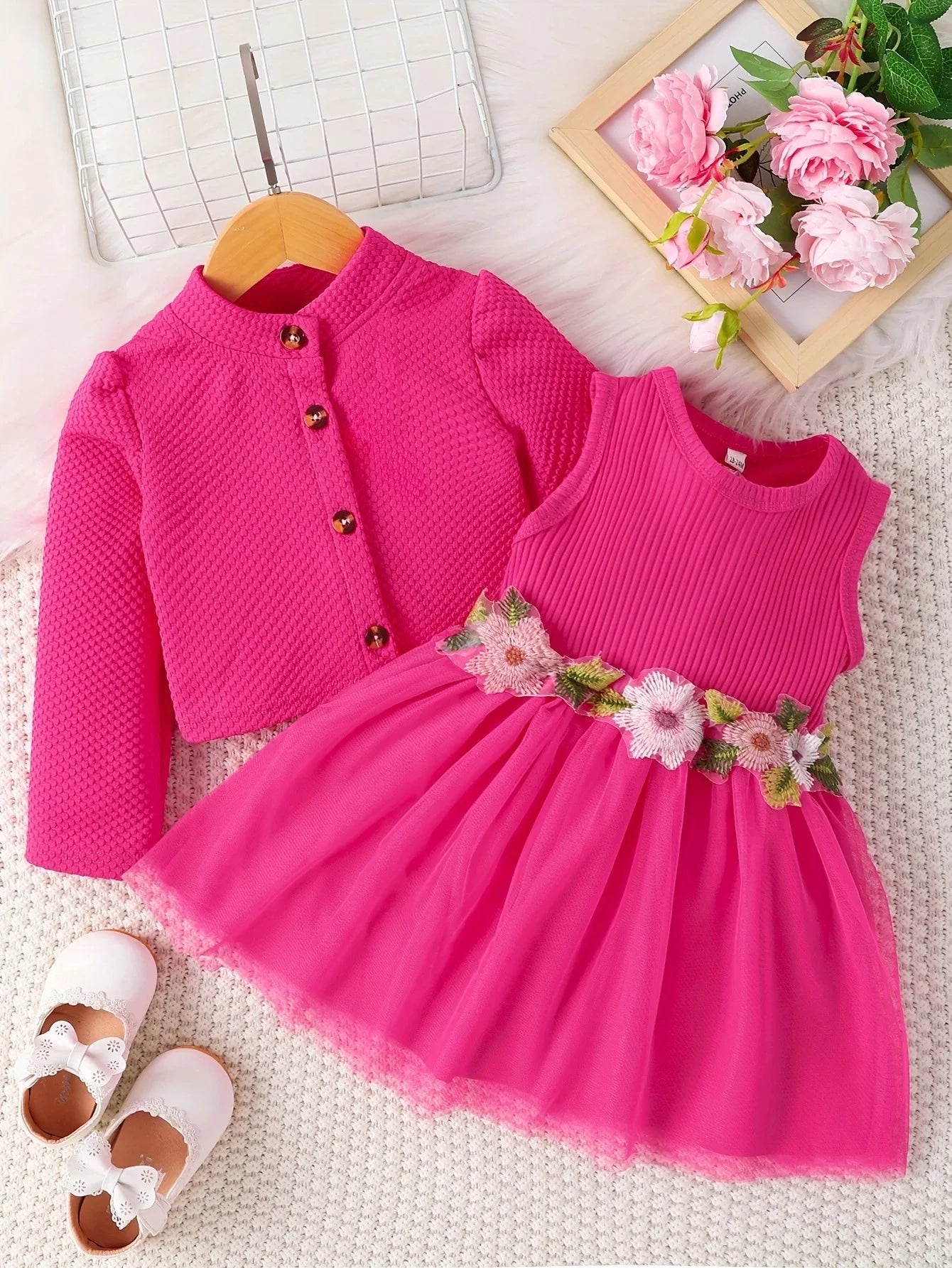 Baby girl waist flower design vest spliced mesh dress and jacket/Cardigan 🇨🇳