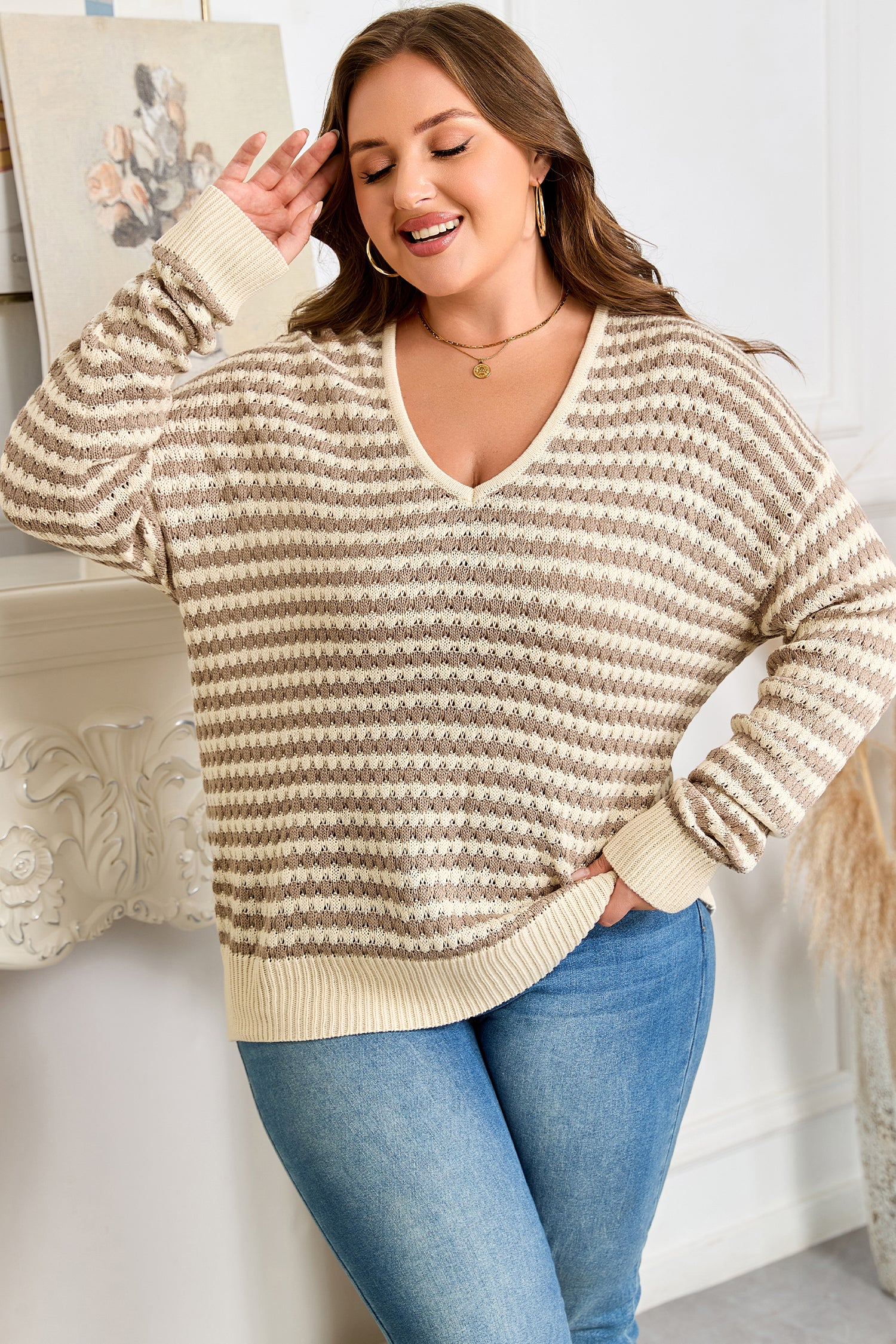Khaki Stripe Plus Size V Neck Drop Shoulder Sweater 🇺🇸