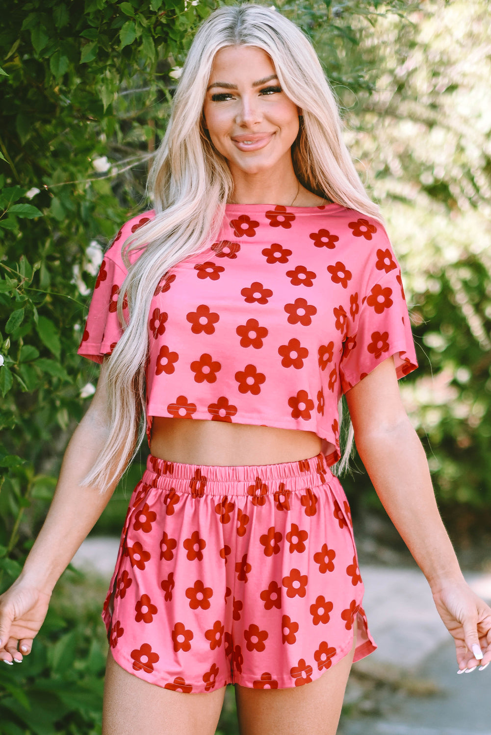 Rose Floral Print Crop Tee and Shorts Lounge Set 🇨🇳
