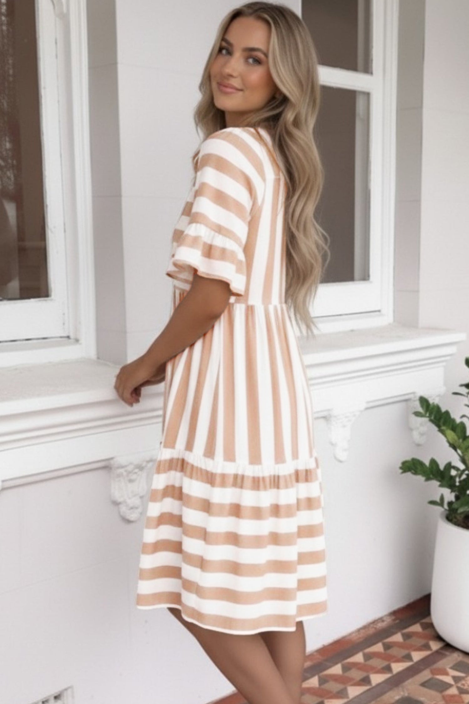 Khaki Stripe Tie V Neck Ruffle Trim Short Sleeve Flared Summer Dress 🇺🇸