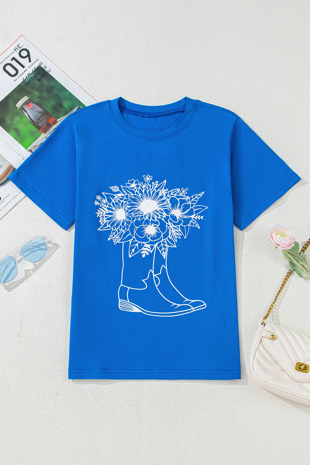 Blue Sunflower Boots Graphic Western Fashion T Shirt 🇺🇲