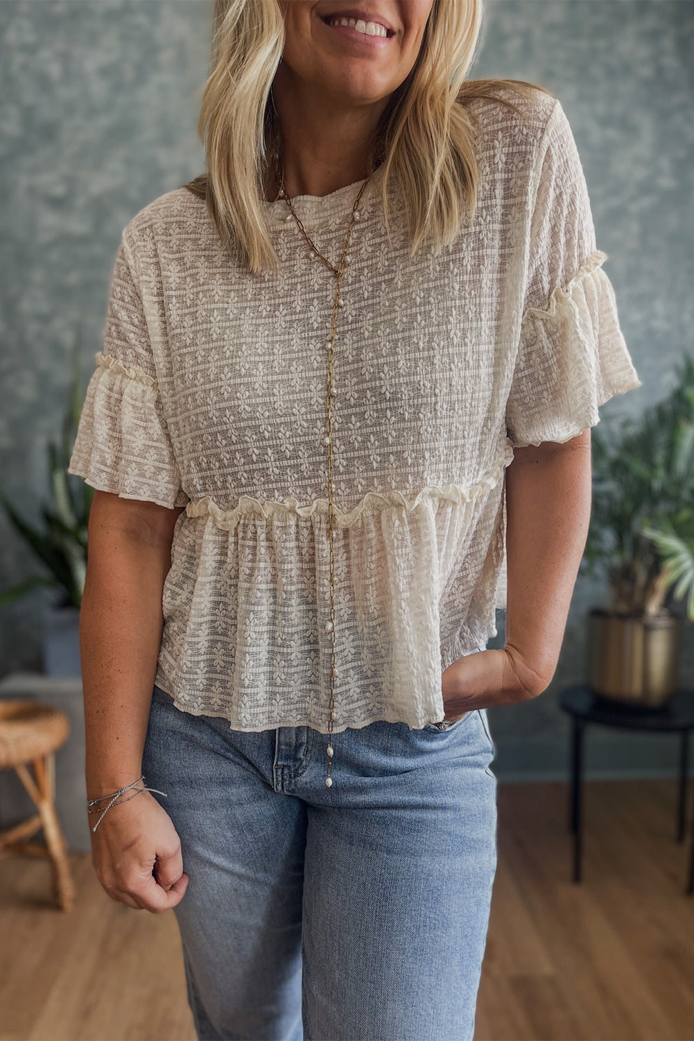 Beige Solid Color Textured Ruffled Short Sleeve Blouse 🇺🇸