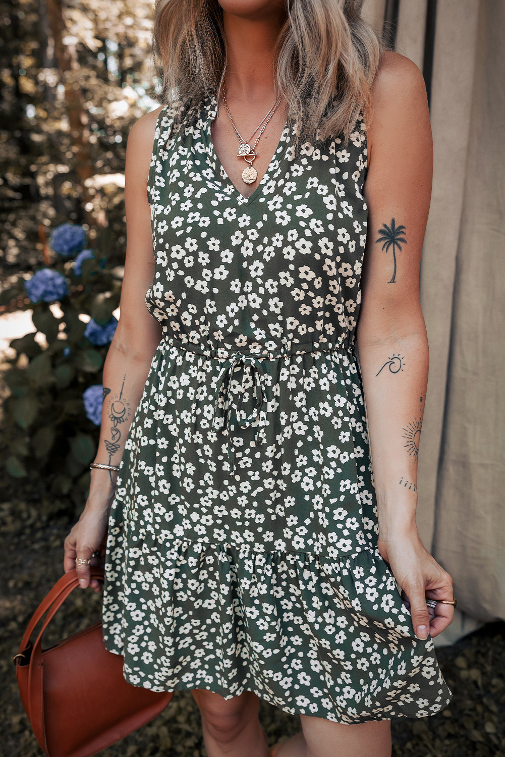 Green Boho Floral Print V Neck Tunic Sleeveless Dress 🇨🇳