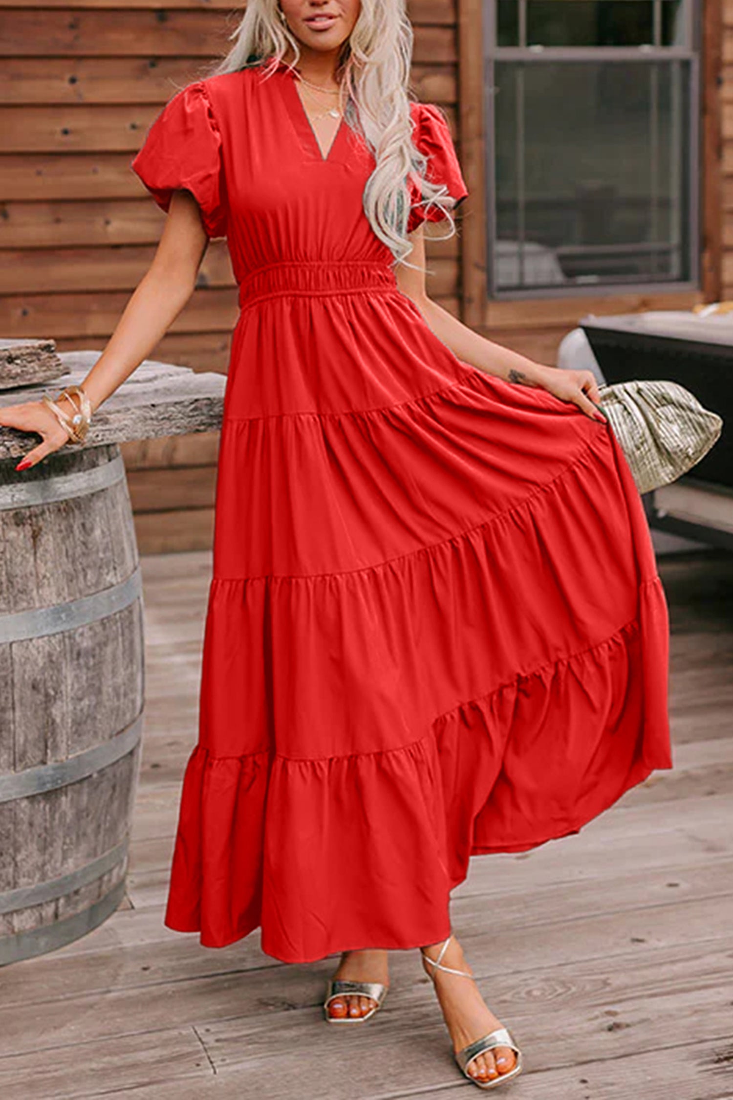 Coral Solid Color V Neck Short Puff Sleeve High Waist Tiered Maxi Dress 🇺🇸