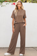 Smoke Gray Solid Color T Shirt 2pcs Wide Leg Pants Set 🇺🇸