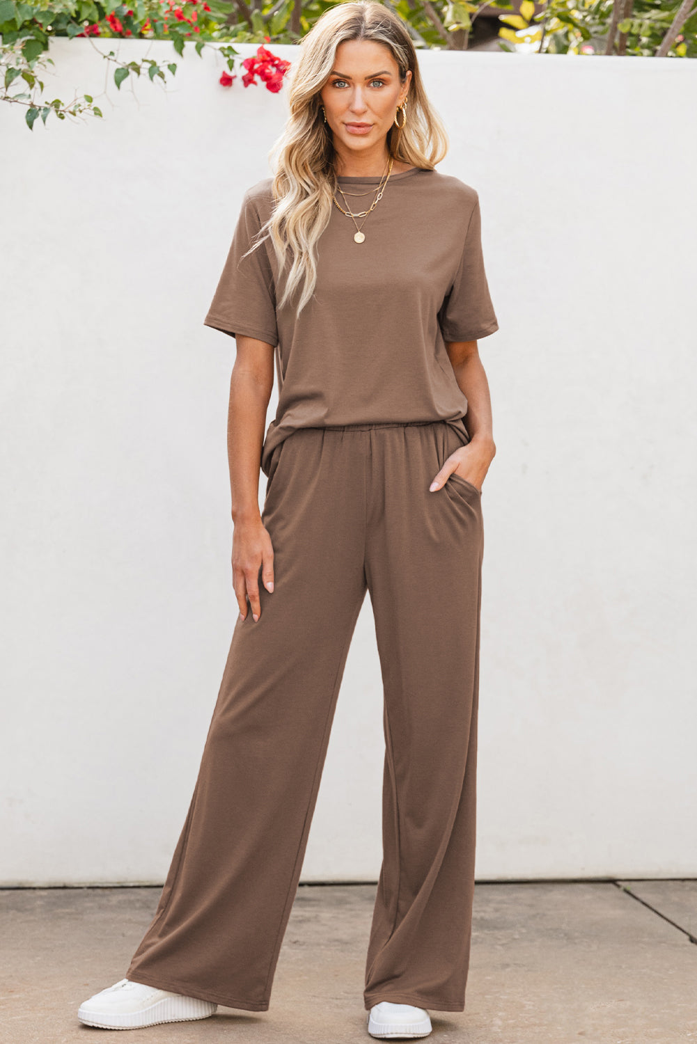 Smoke Gray Solid Color T Shirt 2pcs Wide Leg Pants Set 🇺🇸