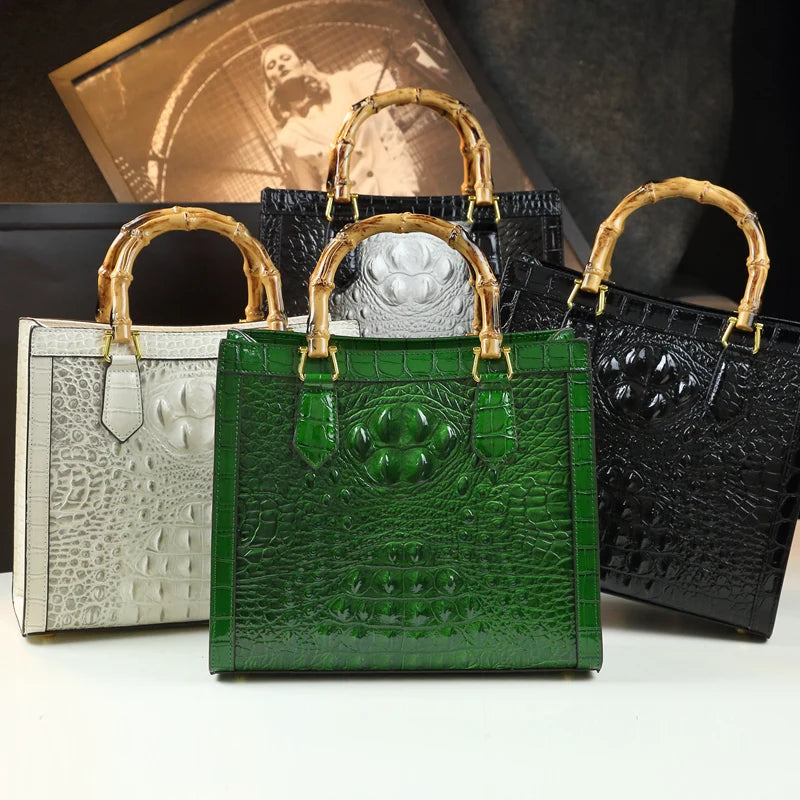 Brand Genuine Leather Bamboo Women's Bag Crocodile Pattern Handbag 🇨🇳