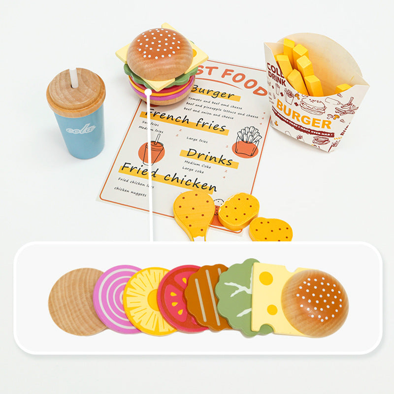 Children's play at home puzzle burger French fries wooden simulation sandwich kitchen wooden toy 🇨🇳