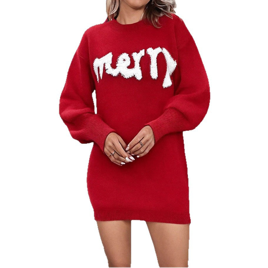 Christmas Knitted Round Neck Sleeve Pullover Bodycon Dress 🇨🇳