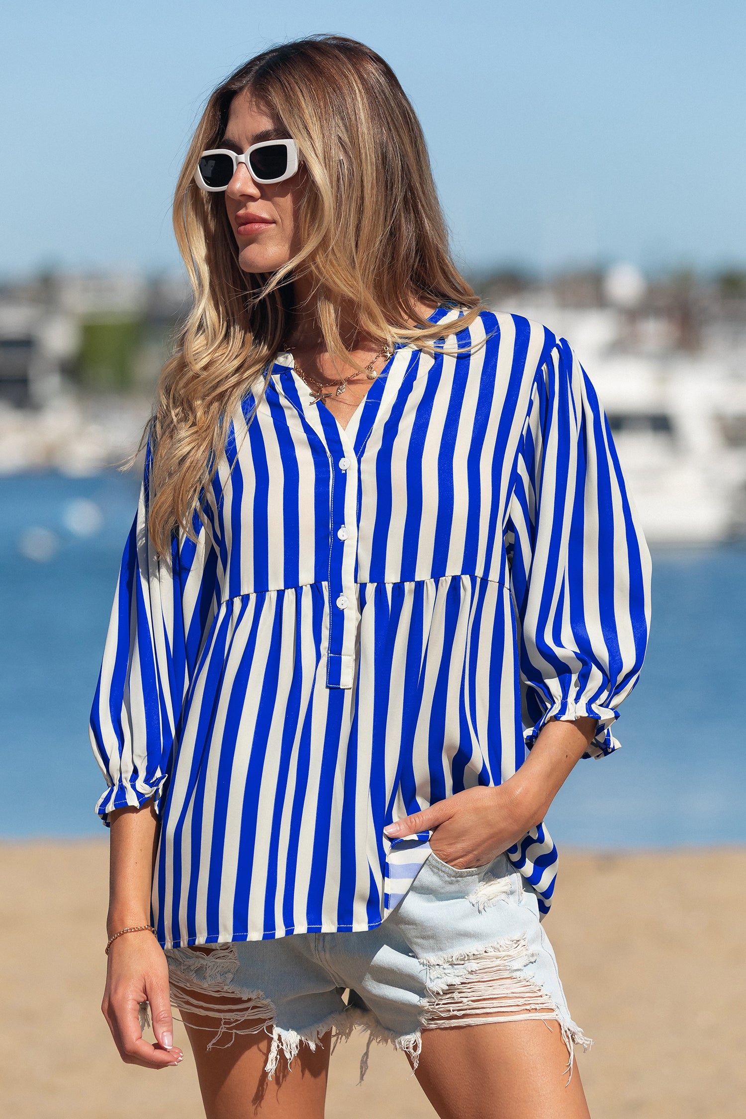 Sky Blue Stripe Balloon Sleeve Loose Button up Shirt 🇺🇸