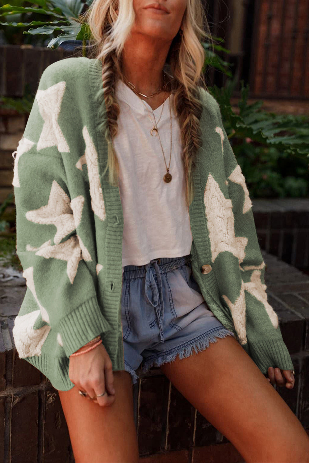 Green Sherpa Star Pattern Textured Sweater Cardigan with Pockets 🇺🇲