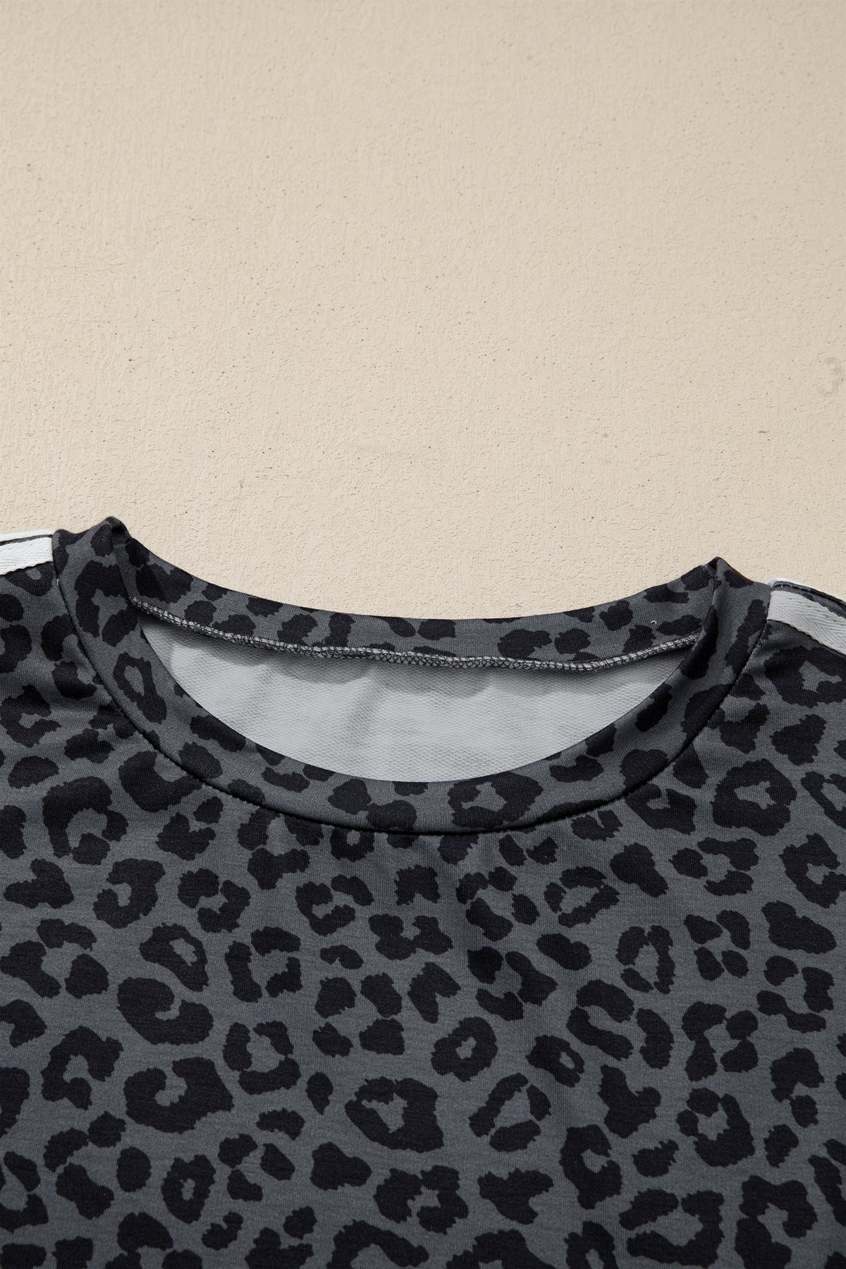 Gray Leopard Print Varsity Striped Detail 3/4 Sleeve Top Shift Pant Set 🇺🇸
