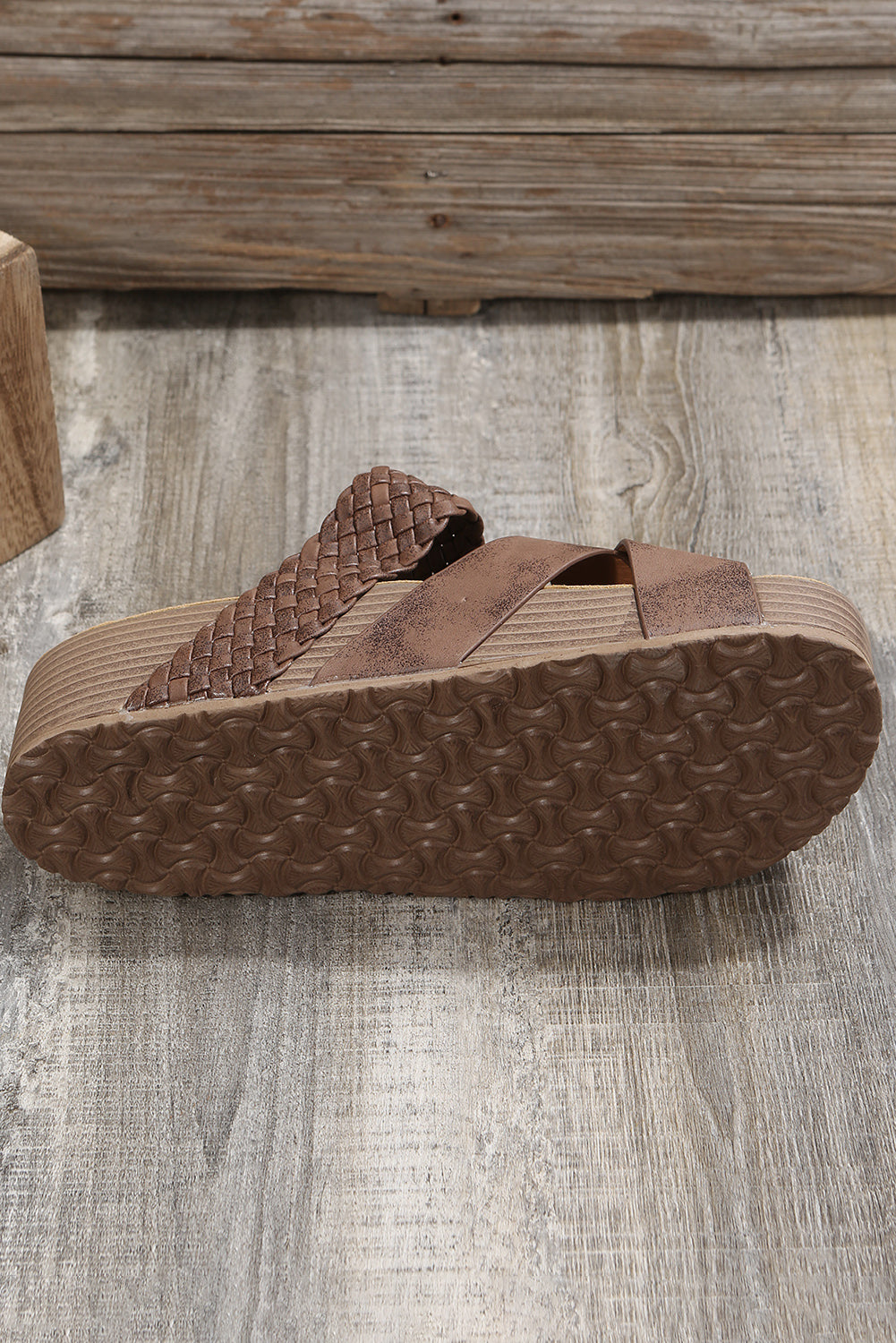 Brown Braided Detail Criss Cross Platform Slippers 🇨🇳
