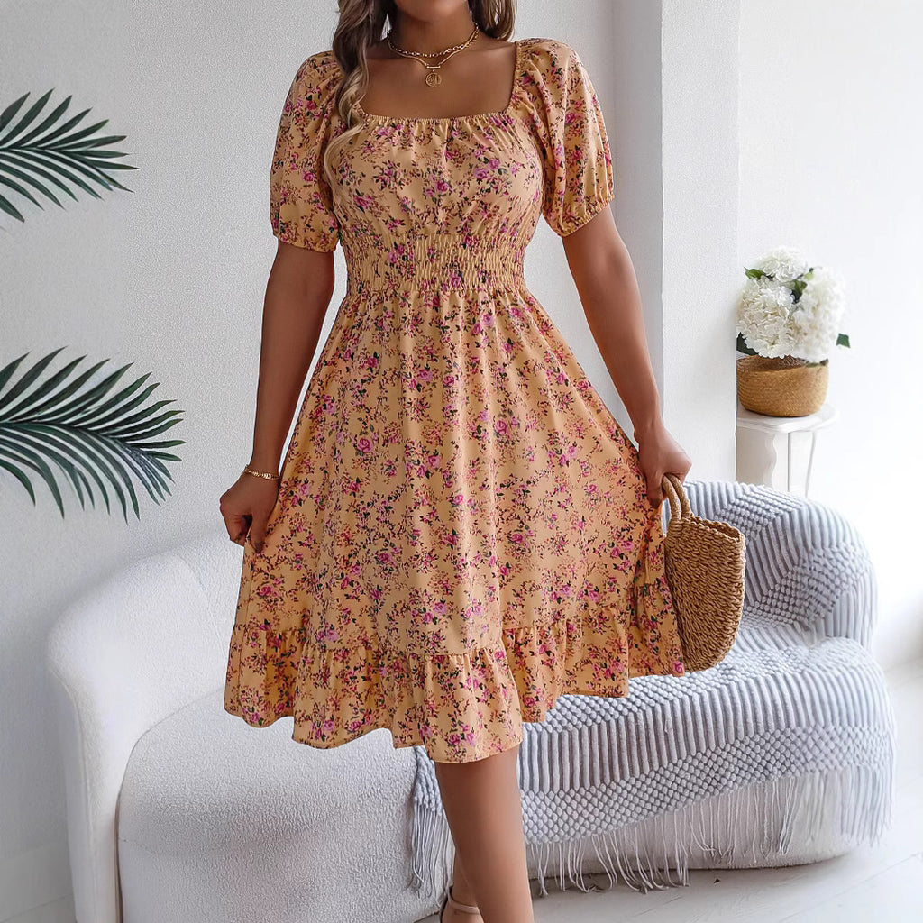 Floral Square Collar Ruffles Dress Women's Clothing 🇨🇳