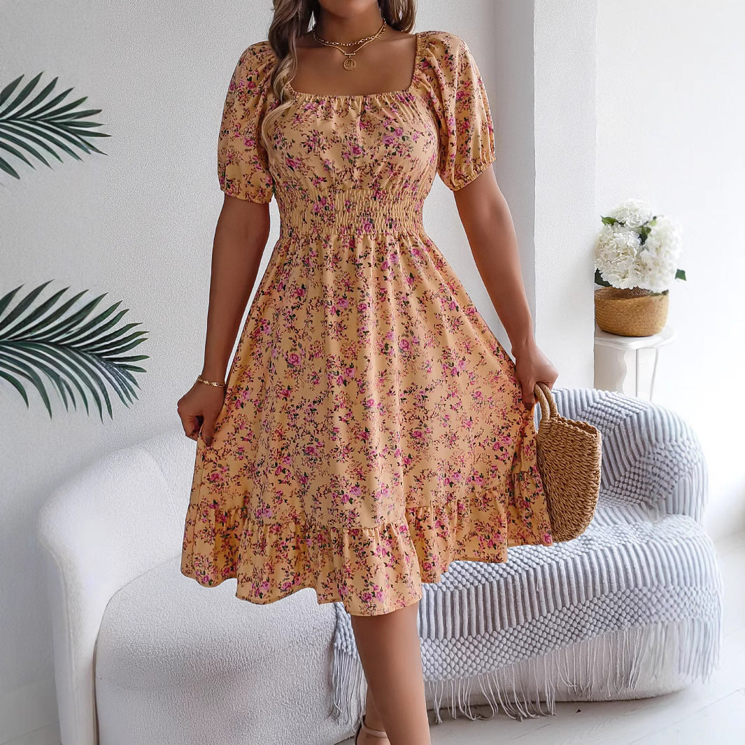 Floral Square Collar Ruffles Dress Women's Clothing 🇨🇳
