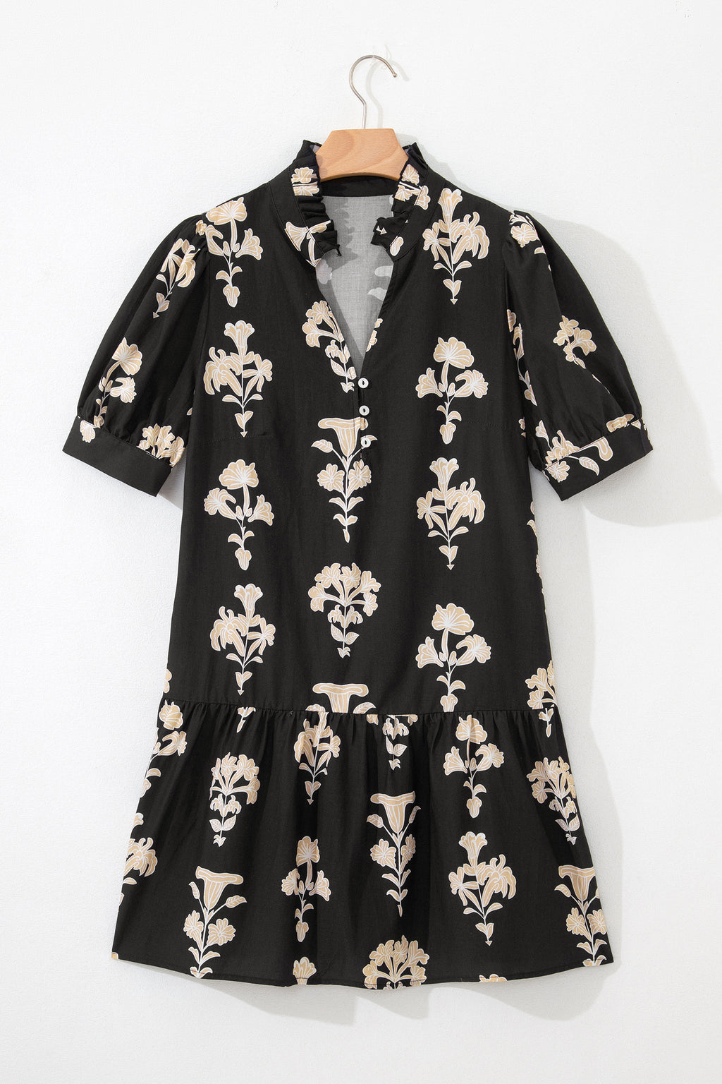 Black Frilled V Neck Puff Short Sleeve Floral Mini Dress 🇺🇸